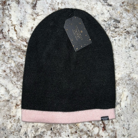 NWT Victoria's Secret Signature Pink and Black Stripe Reversible Beanie - Picture 2 of 11